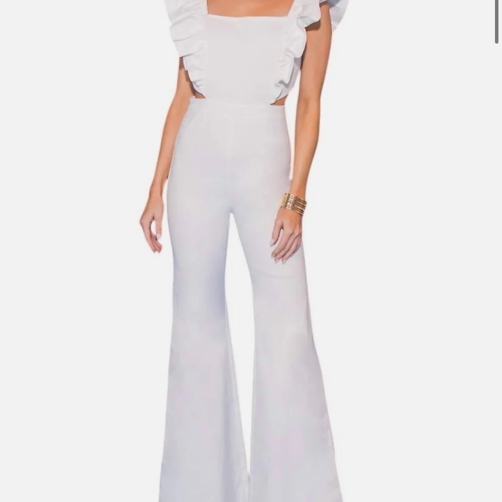 Flying Tomato White Ruffled Jumpsuit with Wide-Leg Design